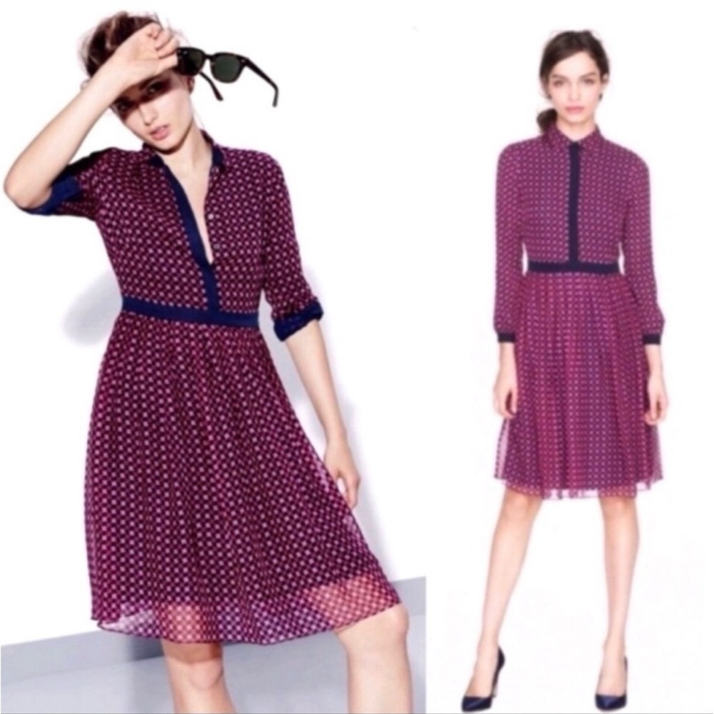 J CREW Silk Pink Navy Houndstooth Silk Shirt Dress 0
